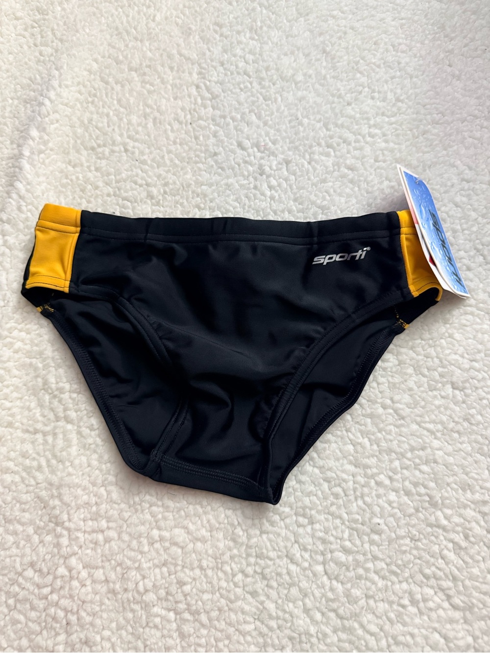 Sporti Black Swim Briefs with Yellow Accent. Size 28